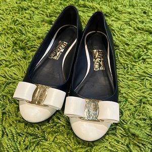 Salvatore Ferragamo Navy and White Flats